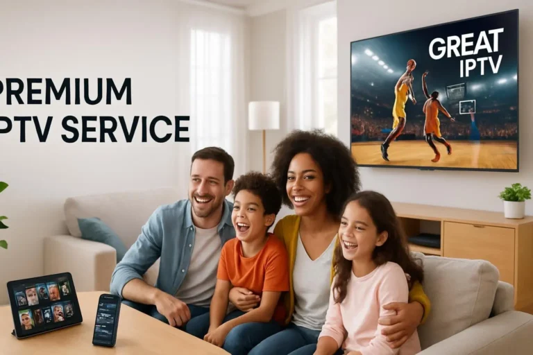 A family enjoying the GREAT IPTV service on a 4K smart TV, tablet, and smartphone.