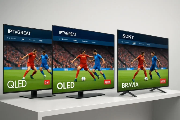 The IPTVGREAT app running on a Samsung TV, an LG TV, and a Sony TV, all showing a 4K live sports event.